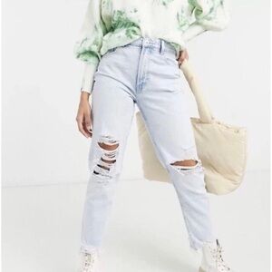 Bershka Organic Cotton Ripped Mom Jeans